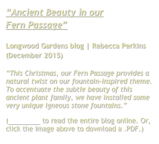 “Ancient Beauty in our 
Fern Passage”

Longwood Gardens blog | Rebecca Perkins
(December 2015)

“This Christmas, our Fern Passage provides a natural twist on our fountain-inspired theme. To accentuate the subtle beauty of this ancient plant family, we have installed some very unique igneous stone fountains.”
(Click here to read the entire blog online. Or, click the image above to download a .PDF.)